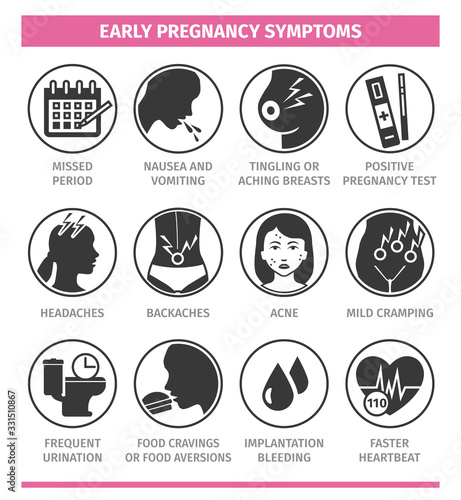 Early pregnancy symptoms. Vector illustration, flat icons. Template for use in medical agitation.
