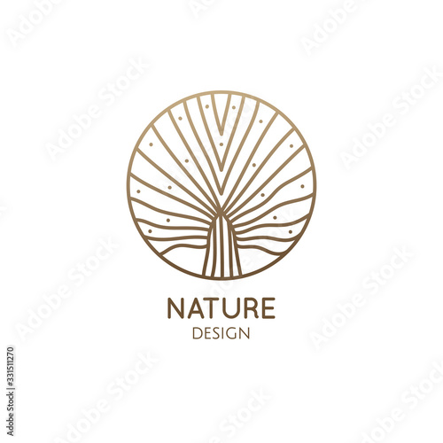 Plant logo of tropical leafs in circle. Palm leaf linear emblem for design of business  holiday  travel agency  ecology and resort concept  tourism  spa and natural cosmetics. Vector icon