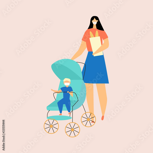 Mother and child  in pram wearing protective medical masks and walking after shopping. Protect your kids from virus and coronavirus or air pollutions.