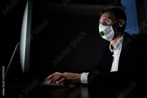 Protection against contagious disease, coronavirus. Man wearing hygienic mask to prevent infection, airborne respiratory illness such as flu, 2019-nCoV.