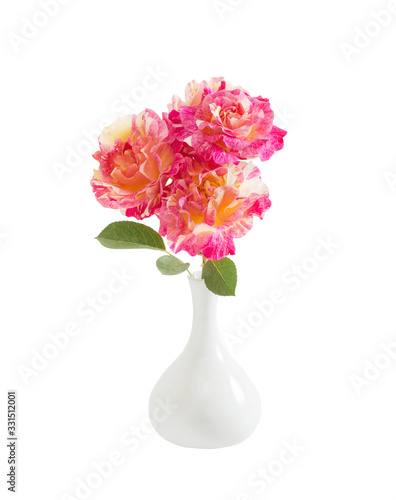 pink roses in vase isolated on white background
