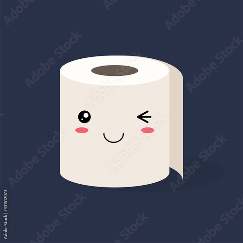 Cute kawaii Roll of white toilet paper with a smiling face on a colored background. Flat vector stock illustration