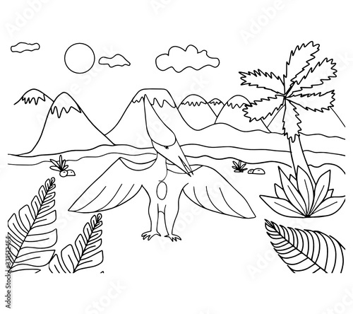 Outline vector pteranodon isolated on white background. Pterodactyl vector. Flying reptile. Jurassic period. Reptiles animals. Coloring book for adults and children.