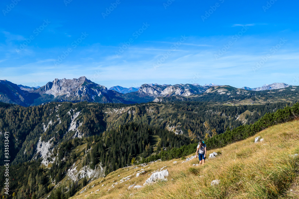 A girl with a big hiking backpack walking through an Alpine meadow to the Buchbergkogel's top in Austria. There are endless mountain chains behind her. Struggle to achieve the goal. Early autumn vibes
