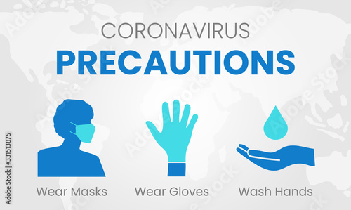 Coronavirus Precautions Wear Masks, Gloves, Wash Hands Illustration with Global World Map