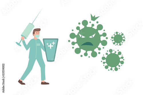 Vector illustration fight against covid-19 virus or coronavirus. cure corona virus. Doctor or scientist fight with coronavirus concept.