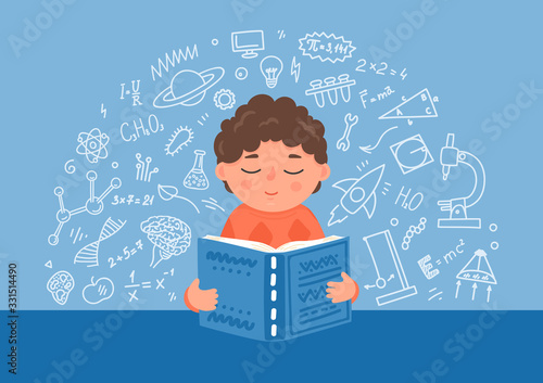 Boy reading textbook. Child with book and education stem doodle. Vector illustration.