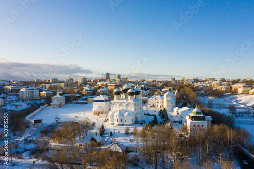 Kirov and the high bank of the river Vyatka and the Alexander Grin Embankment and Trifonov Monastery on a sunny winter day