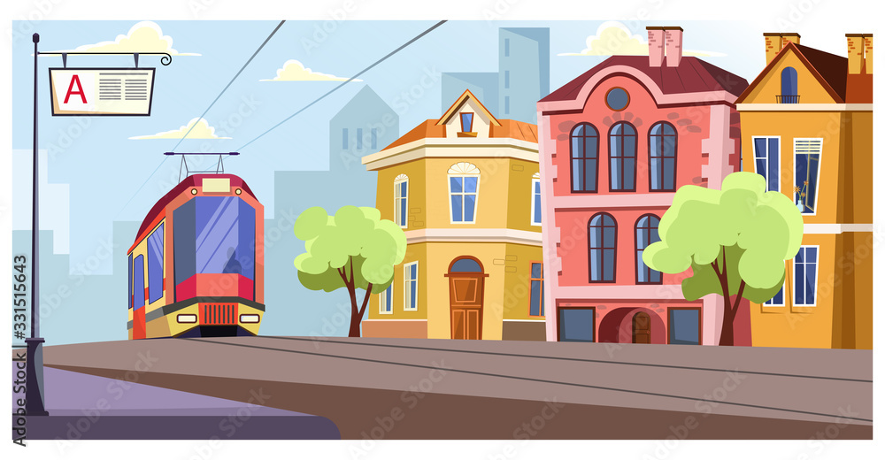 Modern tram running on rails in city illustration. Tram station against colorful building. City life illustration