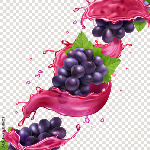 Red wine or juice splash and grape brunch realistic vector ilustration