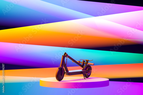 Packed Electric Scooter On Multicolored Background And Pink Showcase. Eco Alternative Transport Concept. 3d rendering