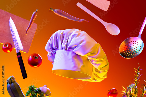 Cook Hat or Toque, Cutlery, Dishware, Kitchenware, Utensils and Food Ingredients on Orange Background. 3d rendering