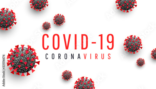 Coronavirus disease COVID-19 medical web banner with SARS-CoV-2 virus molecule and text on a white background. Horizontal vector illustration