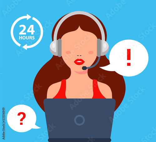 The call center girl answers the client question. Flat character vector illustration.