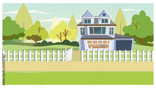 Village house with old fence. Cottage with garage, trees behind house. Countryside property concept. Illustration can be used for topics like dwelling, rural scene, real estate