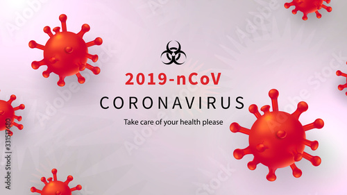 New Coronavirus 2019-nKoV . Covid virus 19-NKP. Background with realistic 3d red viral cells. Symbol of danger. Vector
