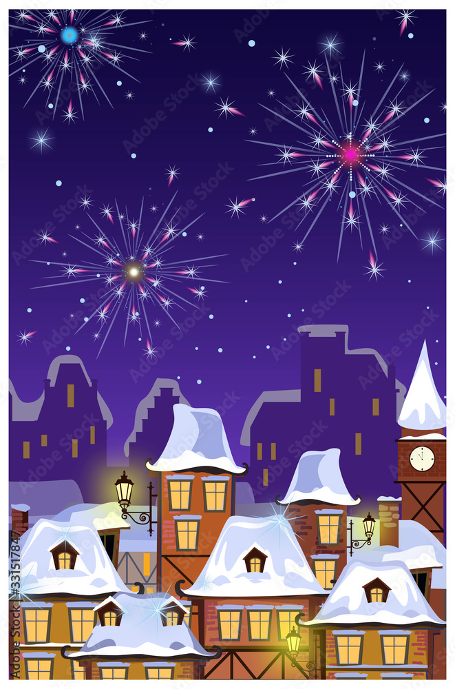 Winter townscape with houses roofs and fireworks in night sky. Night town scene illustration. New Year Eve concept. For websites, wallpapers, posters or banners.