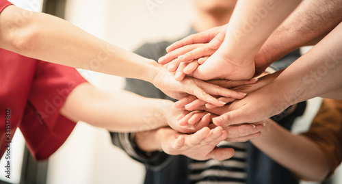 Stack of hand from volunteering of people to show  teamwork spirit togetherness  Concept of young generation diversity to create achievement in the future  Volunteer of people for social sacrifice.