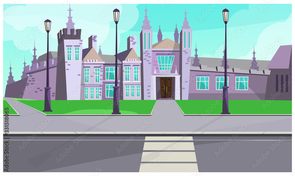 Gothic mansion on city street illustration. Old gray stone building with tall towers near road. Castle illustration