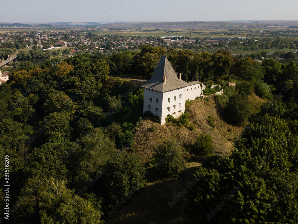 Aerial view of ruined medieval Halych Castle