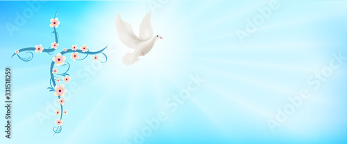 Flowered Christian cross and flying dove. Christian sign. Easter. Sign of purity. Christian faith. Baptism. Holy Spirit. Light blue background with bright rays. Evangelization. Banner
