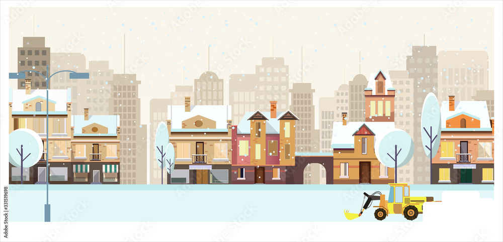 Winter cityscape with buildings, trees and snowplow illustration. Cityscape with skyscrapers and snow. Winter city concept. For websites, wallpapers, posters or banners. Winter cityscape with buildings, trees and snowplow illustration. Cityscape with skyscrapers and snow. Winter city concept. For websites, wallpapers, posters or banners.