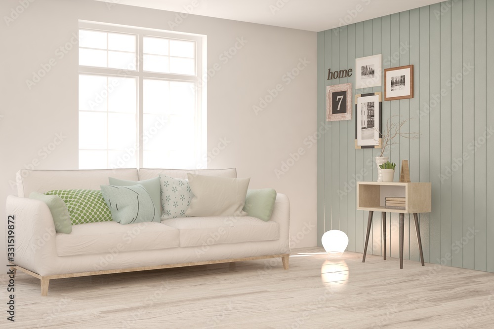 Fototapeta premium White living room with sofa. Scandinavian interior design. 3D illustration