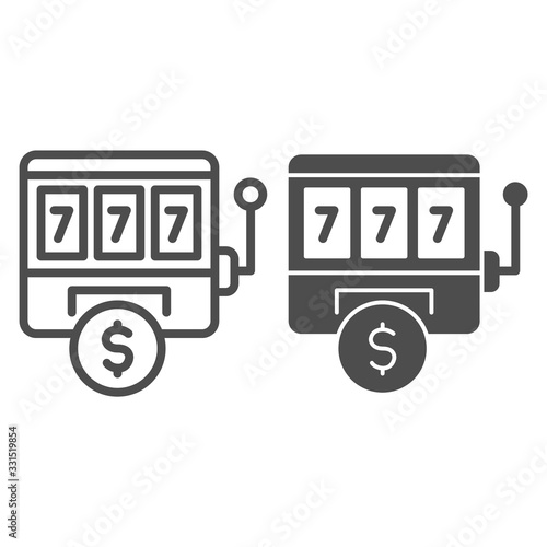 Slot machine line and solid icon. Gambling, game with lucky sevens and dollar symbol, outline style pictogram on white background. Business sign for mobile concept and web design. Vector graphics.