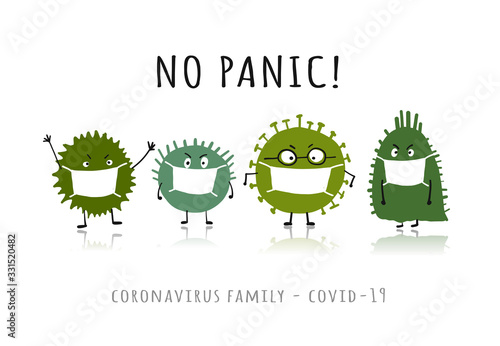 Coronavirus family, covid-19. Cute virus characters wearing masks, isolated on white