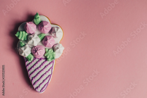 Cookies in a form of flowers. Spring concept. Candy bar. Birthday. Wedding. Pink background.