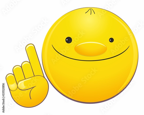 Happy emoji emoticon pointing with his finger. Emoticon face points with his finger. Indicative gesture. Cute smiling emoticon. Vector illustration.