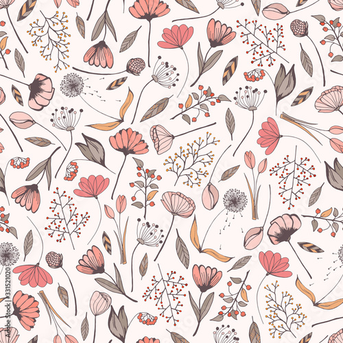 Hand drawn seamless pattern vector of flowers, branches, leaves, berries. Spring colored floral doodle illustration for design cards, invitations, wallpaper, wrapping paper, fabric, textile, packaging
