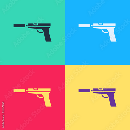 Pop art Pistol or gun with silencer icon isolated on color background. Vector Illustration