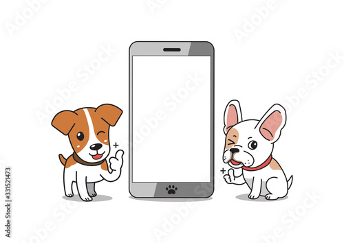 Cartoon character french bulldog and jack russell terrier dog with smartphone for design.