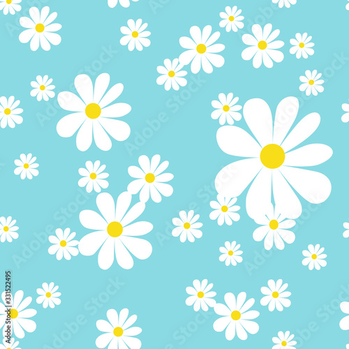 Vector romantic pattern background with daisies in a flat style. Seamless pattern of daisies on a colored background, children’s, print, textile, floral print