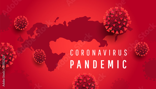 Coronavirus infections covid-19 concept. Global Europe map with 3d red virus cells on red background.
