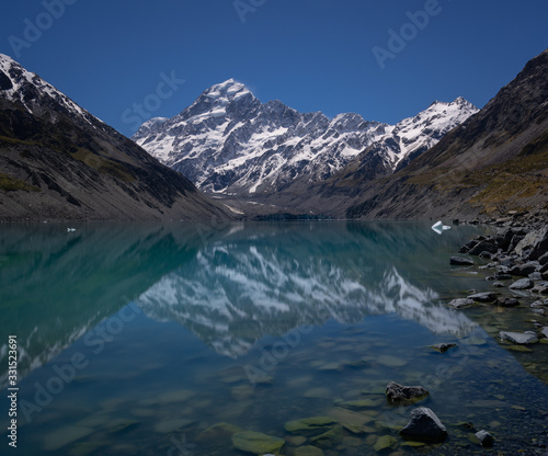 Reflection of snow capped mountain in glacial lake, Mount Cook