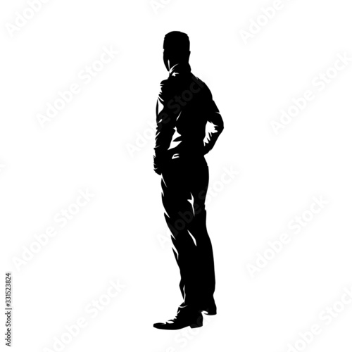 Man standing with hands on hips, side view. Profile ink drawing. Isolated vector silhouette