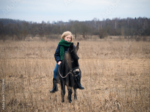 Donkey is the girl's favorite animal. A child with a donkey on a pasture