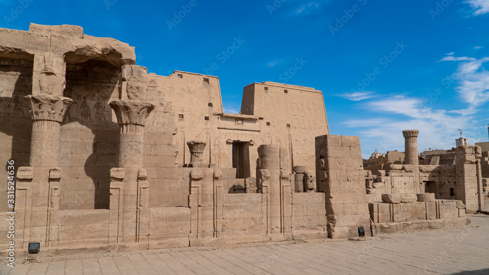Edfu is the site of the Ptolemaic Temple of Horus and an ancient settlement. Egypt. Edfu also spelt Idfu, and known in antiquity as Behdet. Edfu is the site of the Ptolemaic Temple of Horus and an ancient settlement. Egypt. Edfu also spelt Idfu, and known in antiquity as Behdet.