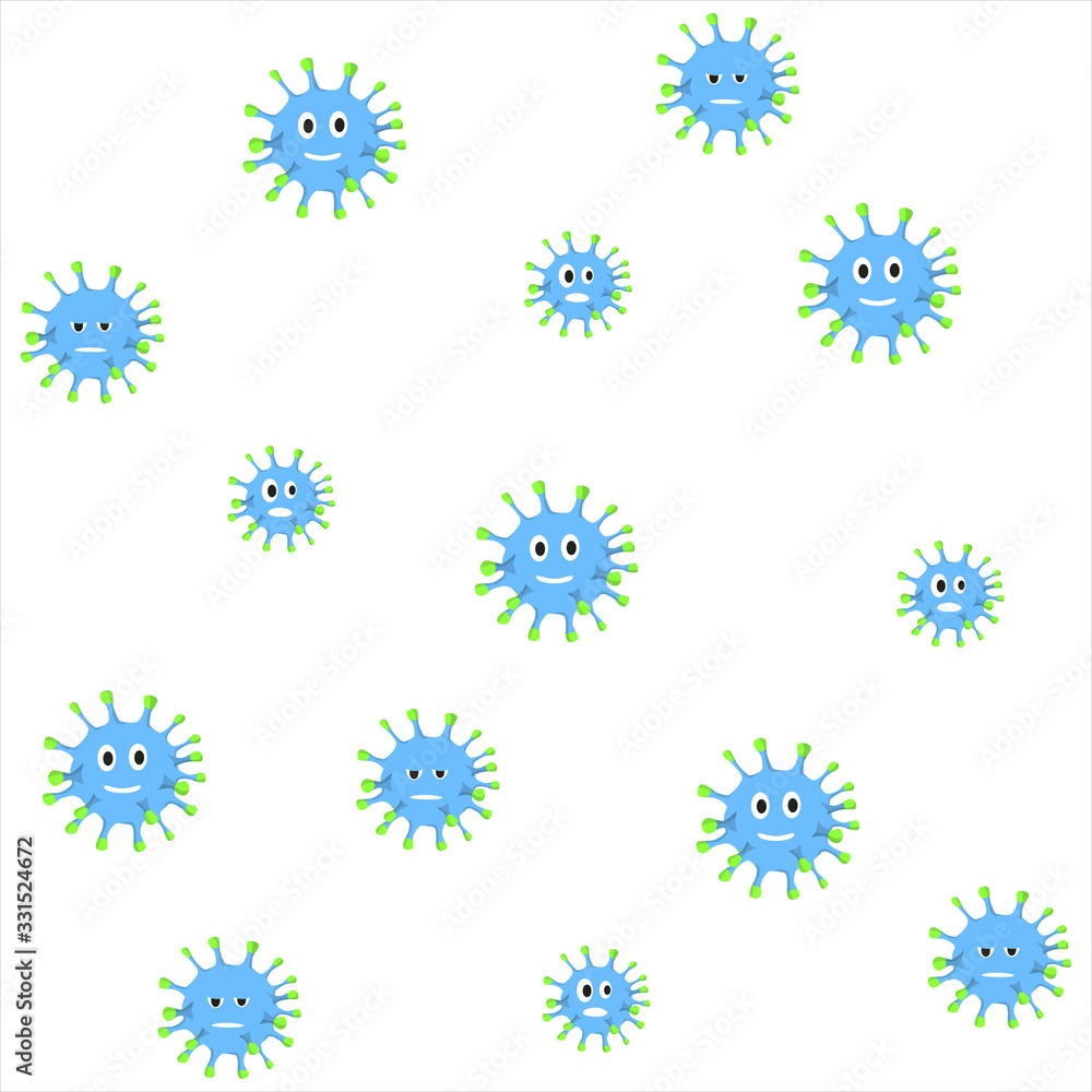 Vector background drawing, pattern with the image of a coronavirus in cartoon flat style on a white isolated background. Seamless vector pattern, background. Vector background drawing, pattern with the image of a coronavirus in cartoon flat style on a white isolated background. Seamless vector pattern, background.