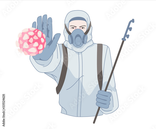 Man in protection suit stop the covid-19