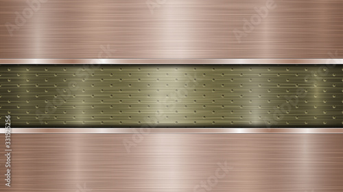 Background of golden perforated metallic surface with holes and two horizontal bronze polished plates with a metal texture, glares and shiny edges