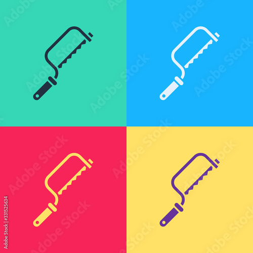 Pop art Hacksaw icon isolated on color background. Metal saw for wood and metal. Vector Illustration