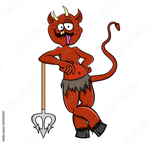 Red cartoon devil with a pitchfork. Isolated on a white background. Vector stock illustration.