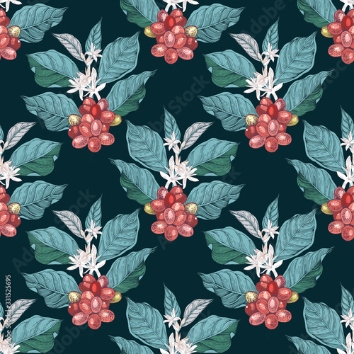 Seamless pattern with hand drawn coffee branches