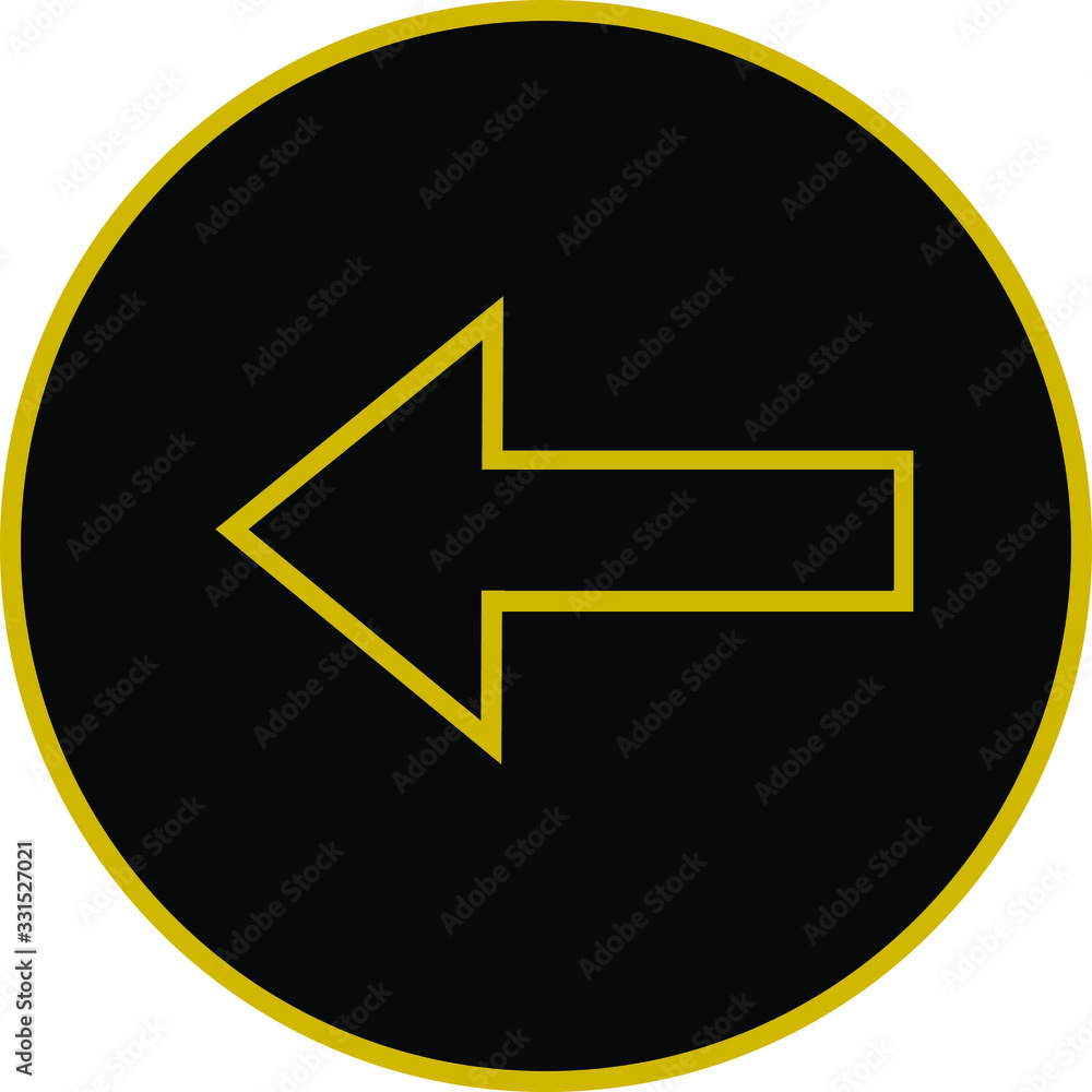 Black circle with gold metallic arrow vector illustration button icon pointed to left turn. Black circle with gold metallic arrow vector illustration button icon pointed to left turn.