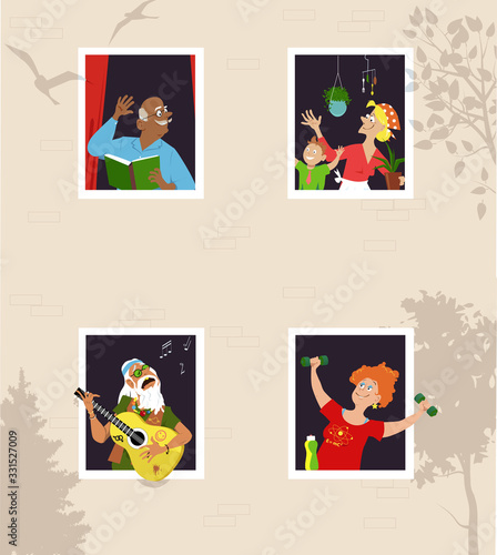 Apartment building residence staying home and participating in hobbies and other activities, EPS 8 vector illustration