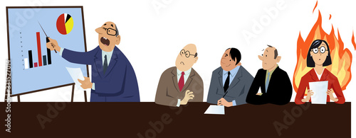 Woman experiencing a hot flash during a business meeting, EPS 8 vector illustration