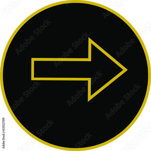 Black circle with gold metallic arrow vector illustration button icon pointed to right turn.